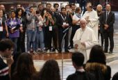 Pope Francis prepares to address young people who participated in a pilgrimage hike from the Monte Mario nature reserve in Rome to St. Peter's Basilica at the Vatican Oct. 25, 2018, during the Synod of Bishops on young people, the faith and vocational dis