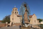 A sculpture is pictured outside the Sanctuary of Our Lady of Guadalupe in Santa Fe, N.M., May 20, 2021. It is the oldest church in the United States dedicated to Our Lady of Guadalupe and is listed on the New Mexico State Register of Cultural Properties. 