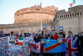 Clerical sex abuse survivors and their supporters rally outside Castel Sant'Angelo in Rome in this Feb. 21, 2019, file photo. The rally took place during a three-day meeting of 130 heads of bishops' conferences. 