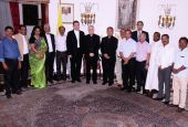 Archbishop Giambattista Diquattro (center), who was apostolic nuncio to India and Nepal from Jan. 21, 2017, to Aug. 29, 2020, with a group of Christian media persons in New Delhi on April 25, 2018 (Provided photo)