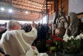 Pope Francis blesses Timothy Schmalz's bronze sculpture. Mary, Untier of Knots, on his second day in Canada, while visiting Lake Ste. Anne, the most popular pilgrimage site for Indigenous peoples in North America. 
