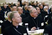 Miami Auxiliary Bishop Peter Baldacchino sits with fellow members of the the United States Conference of Catholic Bishops during a session at the USCCB's annual fall meeting in Baltimore, on Nov. 13, 2017. (AP Photo/Patrick Semansky)