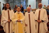 From left: Paulist Frs. Evan Cummings, Jimmy Hsu, Vinny McKiernan and Ed Nowak of the St. Thomas More Newman Center at Ohio State University are pictured in this photo. (Courtesy of Paulist Fathers)