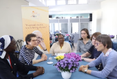 Women who attended the gathering in Frascati outside of Rome are pictured in a Vatican synod video. From left: Sr. Anne-Béatrice Faye; Susan Pascoe; Philomena Njeri Mwaura; Maike Sieben; Sr. Gill Goulding, and Sr. Brigit Weiler. (NCR screenshot/YouTube/Sy