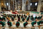 Bishops and cardinals are pictured as Pope Francis celebrates a Mass to open the process that will lead up to the assembly of the world Synod of Bishops in 2023, in St. Peter's Basilica at the Vatican in this Oct. 10, 2021, file photo.