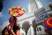 Protesters demonstrate against fracking and neighborhood oil drilling in Los Angeles May 14, 2016. Much of the oil industry's political power lies in the century-old American Petroleum Institute. (CNS photo/Lucy Nicholson, Reuters)