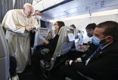 Pope Francis answers questions from journalists aboard his flight from Athens, Greece, to Rome Dec. 6, 2021. (CNS/Vatican Media)