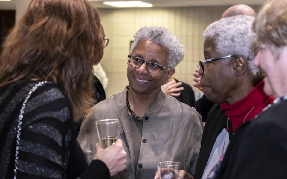 Theologian M. Shawn Copeland, center, speaks to guests on April 26 during the Boston College conference held in her honor. (Boston College/Lee Pellegrini)