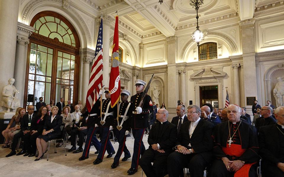 A Marine Corps color guard carries the U.S. and Marine flags during the inauguration of the new headquarters of the U.S. Embassy to the Holy See in Rome Sept. 9, 2015. (CNS/Paul Haring)