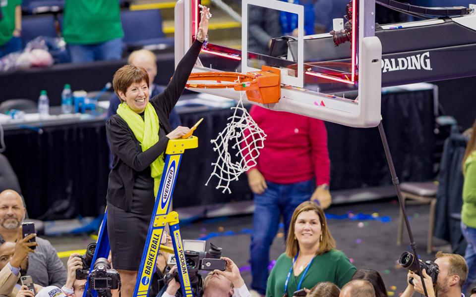 Muffet McGraw, head coach of the Notre Dame women's basketball team, cuts the net after her players defeated Mississippi State 61-58 April 1, 2018, in the championship game of the Final Four of the NCAA Tournament in Columbus, Ohio. (CNS)
