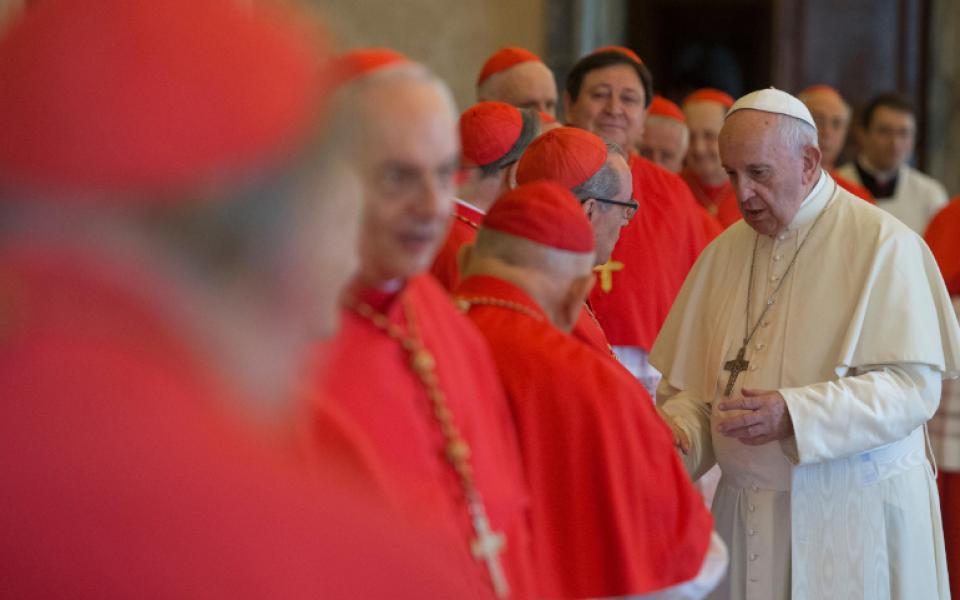 Pope Francis talks with Cardinal Santos Abril Castello during an ordinary public consistory in July 2018. (CNS/Vatican Media)