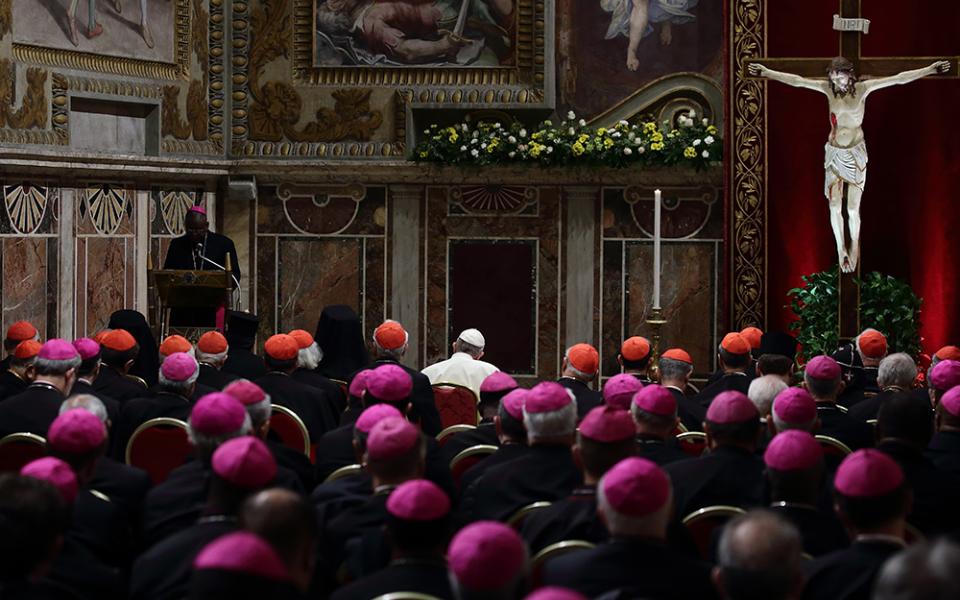 Pope Francis, cardinals and bishops attend a penitential liturgy during a meeting on the protection of minors in the church Feb. 23, 2019, at the Vatican. (CNS/Evandro Inetti, pool)