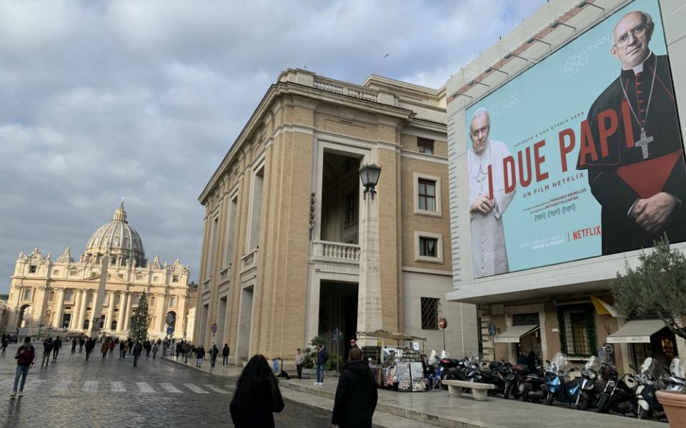 An advertisement in Italian for the Netflix movie "The Two Popes" is seen on a building near the Vatican Dec. 16. (CNS/Cindy Wooden) 