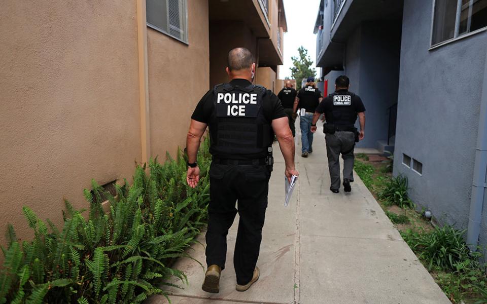 U.S. Immigration and Customs Enforcement personnel are seen March 1 in Hawthorne, California. (CNS/Lucy Nicholson, Reuters)