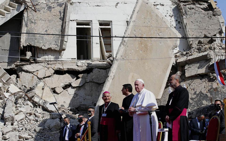 Pope Francis participates in a memorial prayer for the victims of the war at Hosh al-Bieaa (church square) in Mosul, Iraq, March 7. (CNS/Paul Haring)