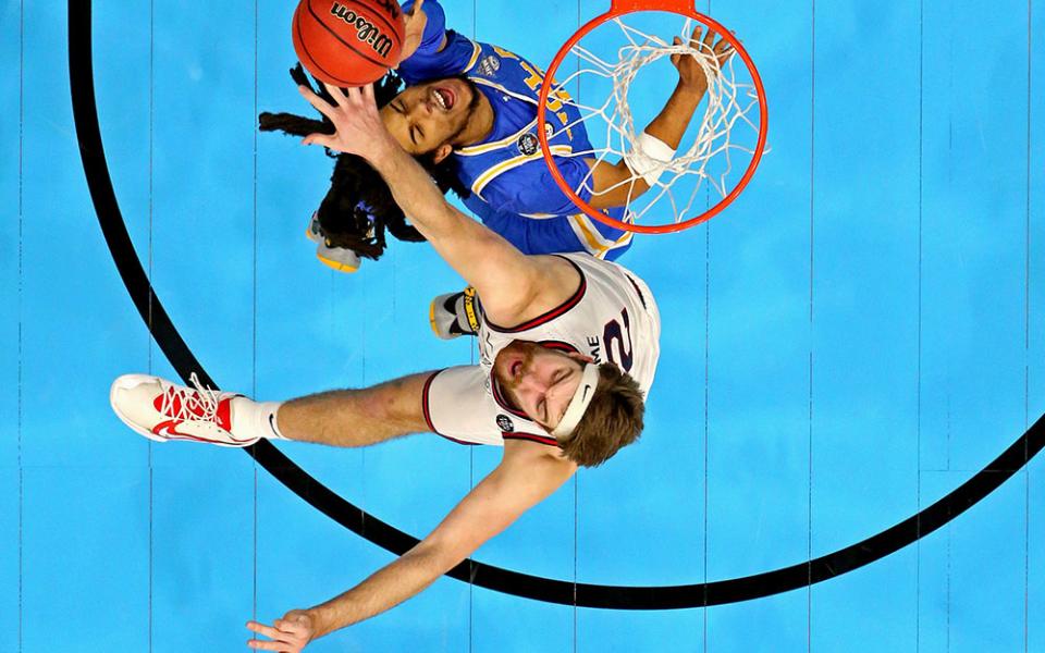 UCLA Bruins guard Tyger Campbell shoots the ball against Gonzaga Bulldogs forward Drew Timme during the second half in the national semifinals of the Final Four of the 2021 NCAA Tournament at Lucas Oil Stadium in Indianapolis April 3, 2021. (CNS)