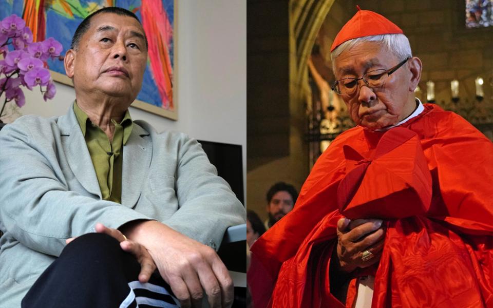 Catholic media tycoon and philanthropist Jimmy Lai in May 2020 (CNS/Reuters/Tyrone Siu); right: Cardinal Joseph Zen Ze-kiun, retired bishop of Hong Kong, in February 2020 (CNS/Gregory A. Shemitz)