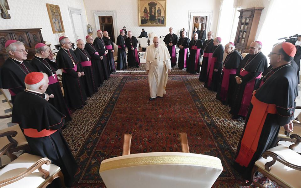 Pope Francis arrives for a meeting with Spanish bishops during their "ad limina" visits to report on the state of their dioceses, Jan. 14 at the Vatican. (CNS/Vatican Media)