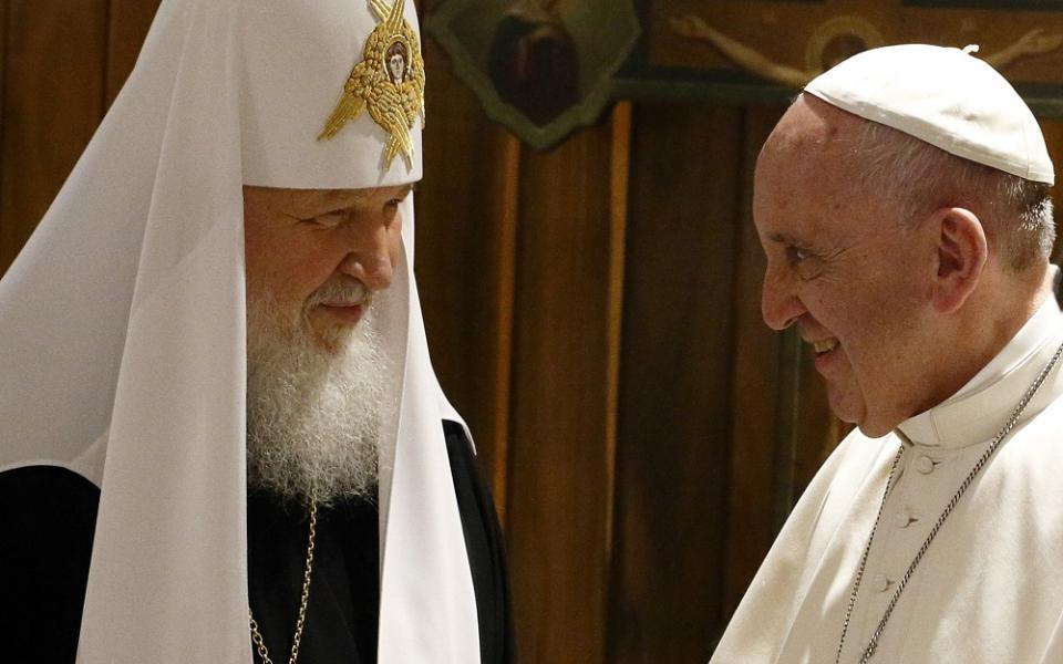Russian Orthodox Patriarch Kirill of Moscow and Pope Francis smile during a meeting at Jose Marti International Airport in Havana in this Feb. 12, 2016, photo. (CNS/Paul Haring)