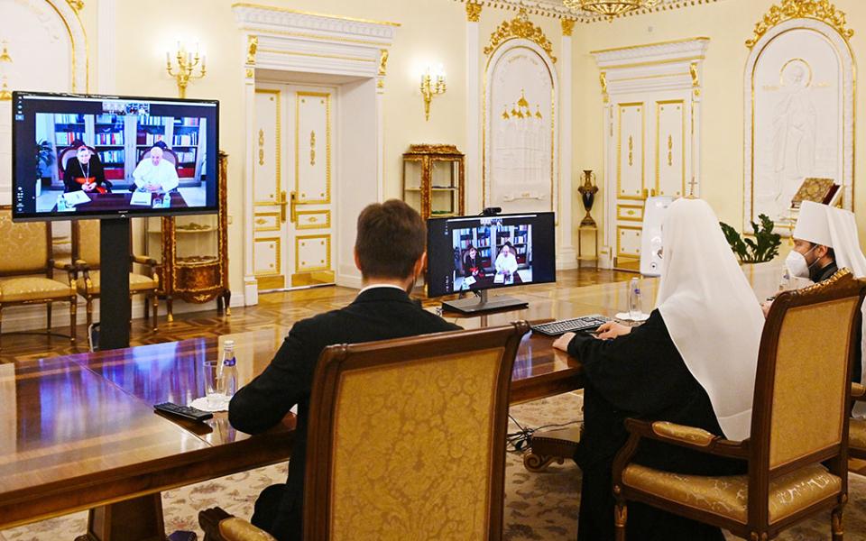 Russian Orthodox Patriarch Kirill of Moscow and Metropolitan Hilarion of Volokolamsk, head of external relations for the Russian Orthodox Church, participate in a video meeting with Pope Francis and Swiss Cardinal Kurt Koch