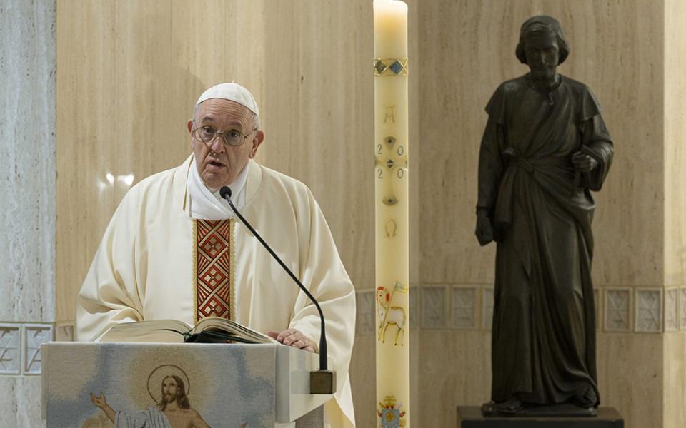 Pope Francis preaches about the dignity of labor and justice for workers during his morning Mass on the feast of St. Joseph the Worker May 1, 2020, in the chapel of his Vatican residence, the Domus Sanctae Marthae. (CNS/Vatican Media)
