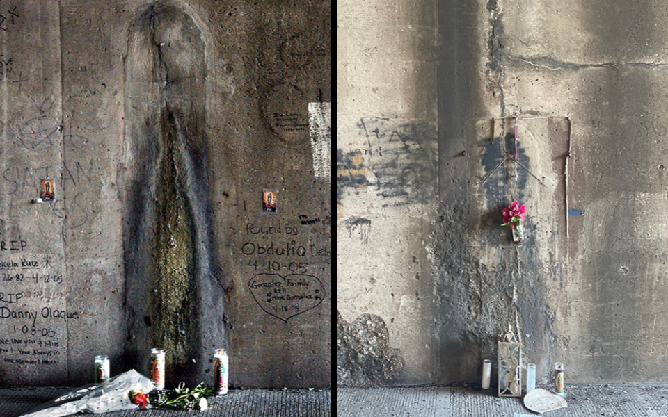 At left, an image said to resemble the Virgin Mary is pictured underneath the Kennedy Expressway in Chicago April 18, 2005; at right is a photo of the image that Gustavo Arellano took in June 2023. The image is known as Our Lady of the Underpass. (CNS photo/Karen Callaway; Gustavo Arellano)