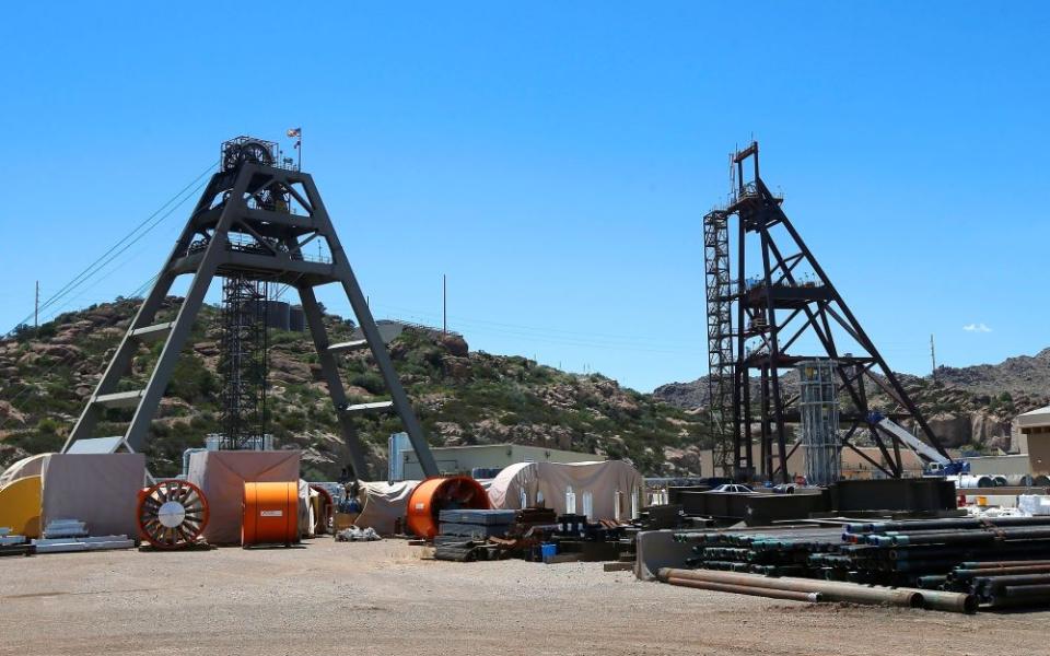 The Resolution Copper Mining area shaft #9, right, and shaft #10, left, lie idle in Superior, Ariz., on Monday, June 15, 2015.