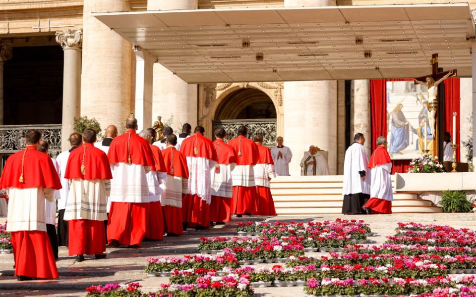 Pope Francis and new cardinals arrive for a consistory for the creation of 21 new cardinals in St. Peter's Square at the Vatican Sept. 30, 2023. (CNS photo/Lola Gomez)