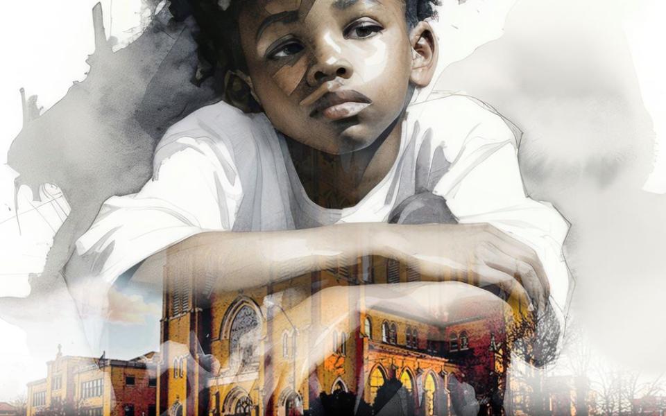 illustration of Black boy hovering over church