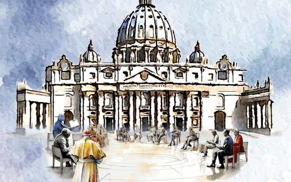 Illustration of St. Peter's with pope and other people in foreground