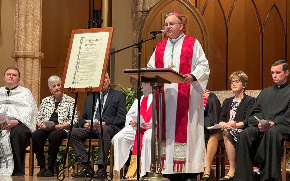Auxiliary Bishop Robert Casey, vicar general of the Archdiocese of Chicago, speaks during the declaration installation at Holy Name Cathedral May 18 in Chicago. (Monica Fox)