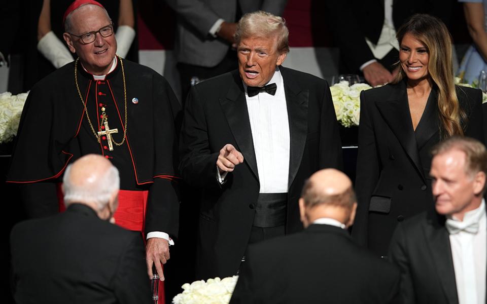 Republican presidential nominee former President Donald Trump and former first lady Melania Trump arrive for the 79th annual Alfred E. Smith Memorial Foundation Dinner, Oct. 17 in New York. (AP photo/Julia Demaree Nikhinson)