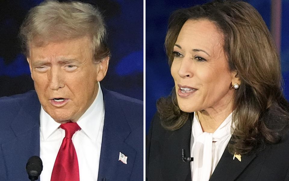 This combination of photos shows Republican presidential nominee former President Donald Trump, left, and Democratic presidential nominee Vice President Kamala Harris during an ABC News presidential debate at the National Constitution Center, Sept. 10 in Philadelphia. (AP photo/Alex Brandon, File)