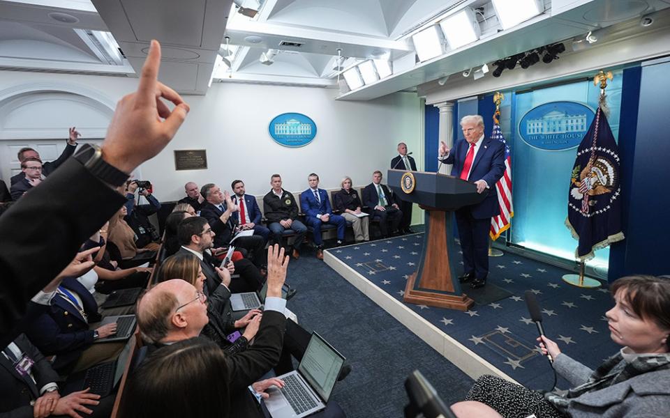 President Donald Trump speaks with reporters in the James Brady Press Briefing Room at the White House Jan. 30, 2025, in Washington. (AP/Jacquelyn Martin)