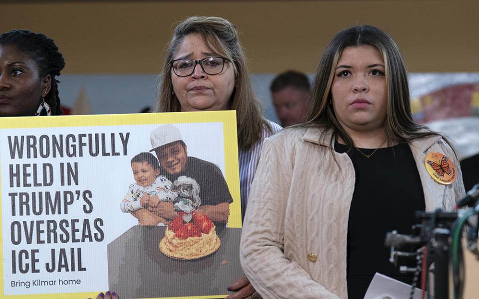 Jennifer Vasquez Sura, the wife of Kilmar Abrego Garcia of Maryland, who was mistakenly deported to El Salvador, right, stands with supporters during a news conference April 4 at CASA's Multicultural Center in Hyattsville, Maryland. (AP photo/Jose Luis Magana)