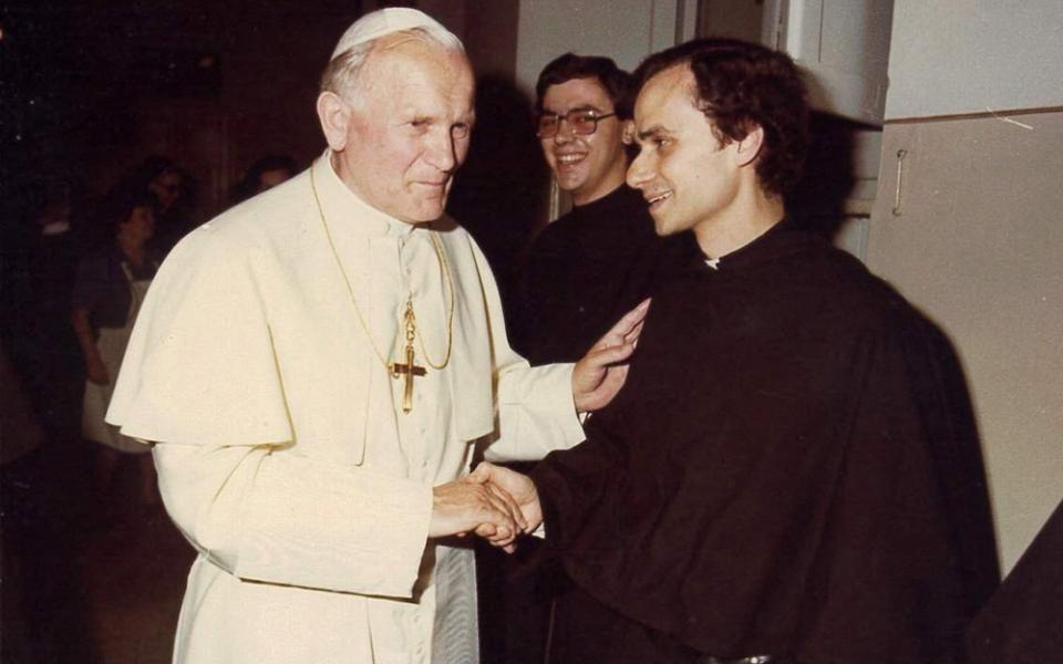 An undated file photo shows Pope John Paul II greeting then-Augustinian Fr. Robert Francis Prevost, now Pope Leo XIV. He became the first U.S. pope in history to be elected pope May 8, 2025, at the Vatican. (OSV News/Augustinian Province of Our Mother of Good Counsel handout via Reuters)