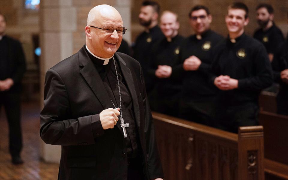 Archbishop Edward Weisenburger greets seminarians in the chapel at Detroit's Sacred Heart Major Seminary on Feb. 11, 2025. Early that morning, Pope Francis accepted the resignation of Detroit Archbishop Allen Vigneron, and appointed the former Tucson, Arizona, bishop to succeed Vigneron. Weisenburger was installed March 18. (OSV News/Detroit Catholic/Valaurian Waller)