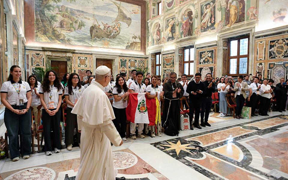 Pope Leo XIV meets with a group of young people from Peru at the Vatican July 28, 2025, as the Jubilee of Youth kicks off in Rome. (CNS photo/Vatican Media)