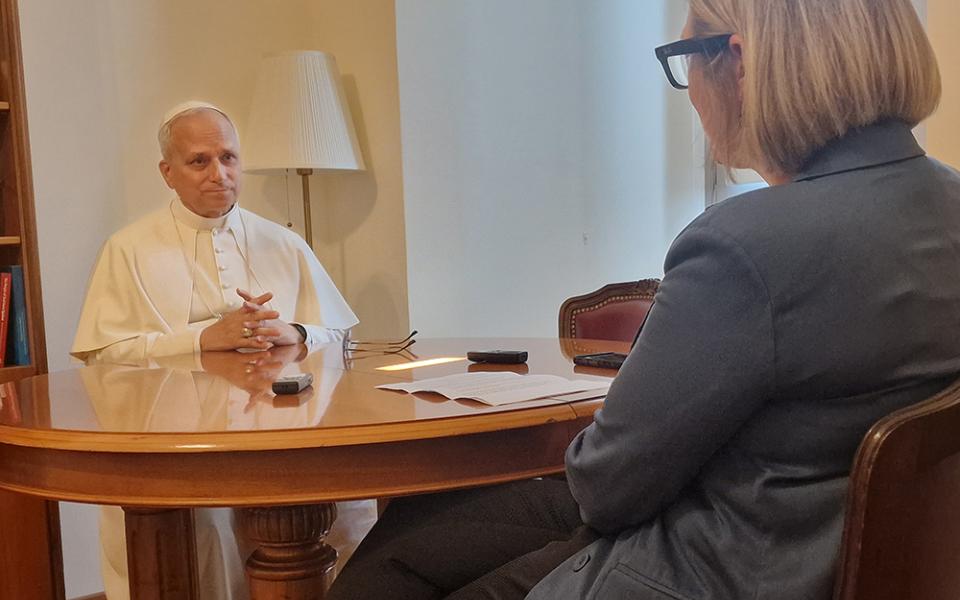 Pope Leo XIV speaks with Elise Ann Allen of Crux on July 30, 2025. (Crux photo)