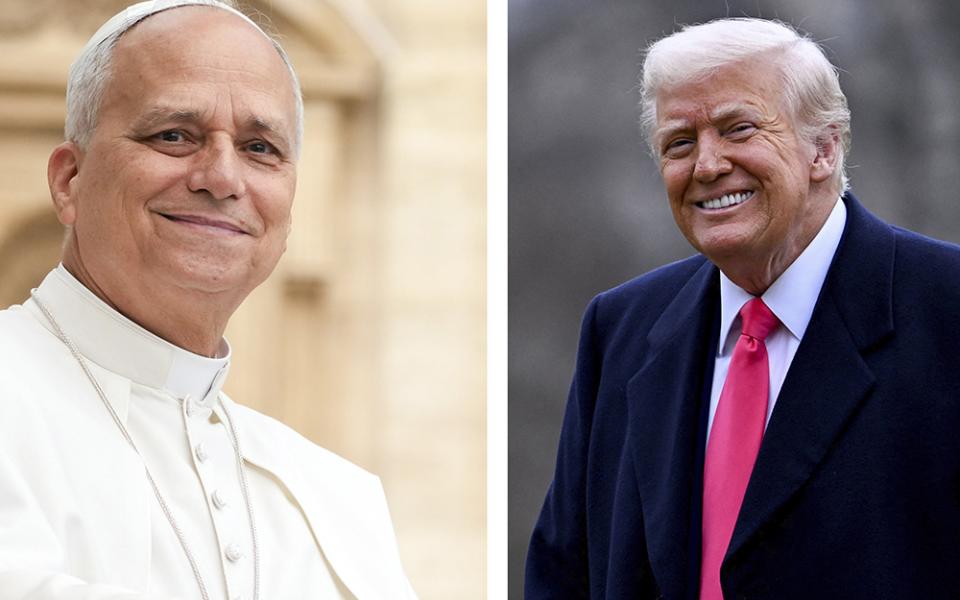 A combination photo shows Pope Leo XIV smiling as he greets visitors and pilgrims in St. Peter's Square at the Vatican Sept. 10, 2025, and U.S. President Donald Trump smiling after arriving at the White House Feb. 22, 2025. (OSV News photos/CNS/Lola Gomez; Reuters/Craig Hudson)