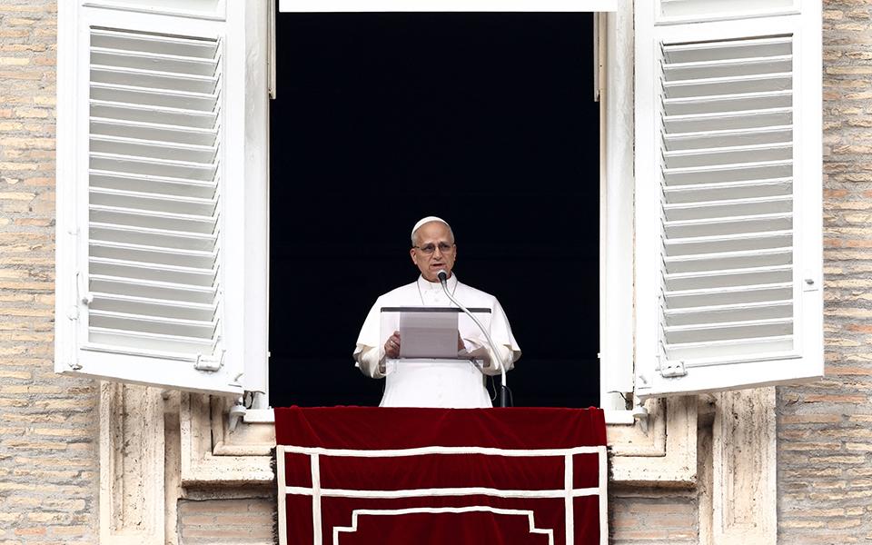 Pope Leo XIV leads the Angelus prayer from the window of the Apostolic Palace at the Vatican, March 1, 2026. (OSV News/Reuters/Guglielmo Mangiapane)