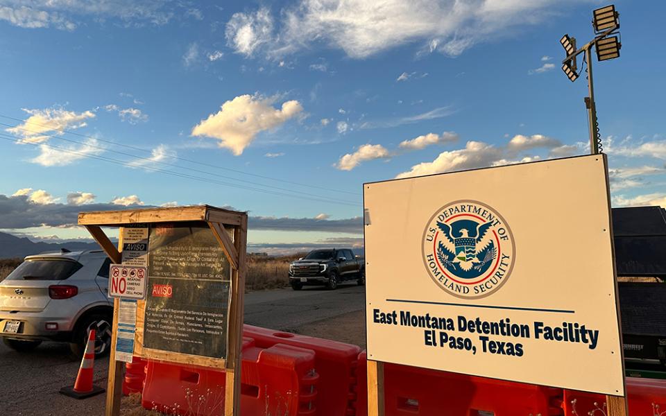 A sign marks the entrance to a series of hardened tents at the Camp East Montana immigrant detention center in the desert at a U.S. Army base on the outskirts of El Paso, Texas, Feb. 13, 2026. (AP photo/Morgan Lee)