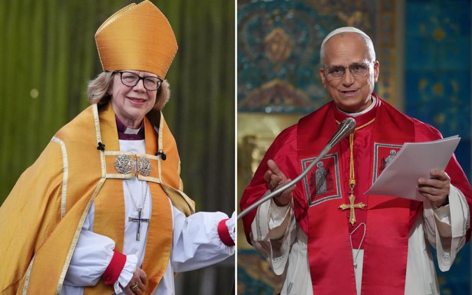 Sarah Mullally, left, on March 25, 2026, and Pope Leo XIV on April 13, 2026 (RNS/AP)