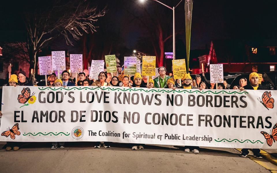 Chicago Catholics march in a procession in solidarity with ICE immigrant detainees after an outdoor Ash Wednesday Mass presided by Cardinal Blase Cupich of Chicago, Feb. 18, 2026. (Courtesy of Coalition for Spiritual and Public Leadership/Derek Carter)