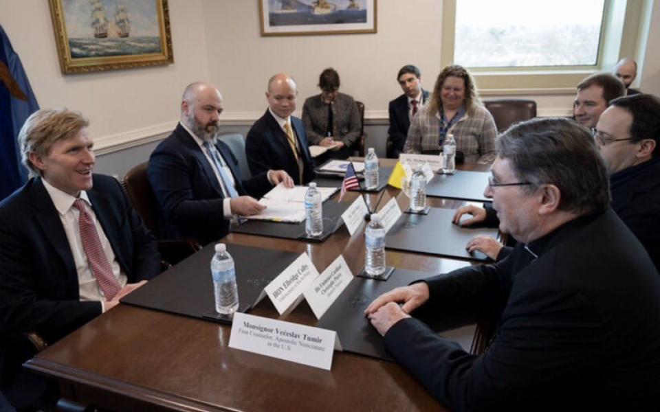 Under Secretary of War for Policy Elbridge Colby, left, meets with Cardinal Christophe Pierre, right, the outgoing apostolic nuncio, and their teams on Jan. 22, 2026, at the Pentagon. 