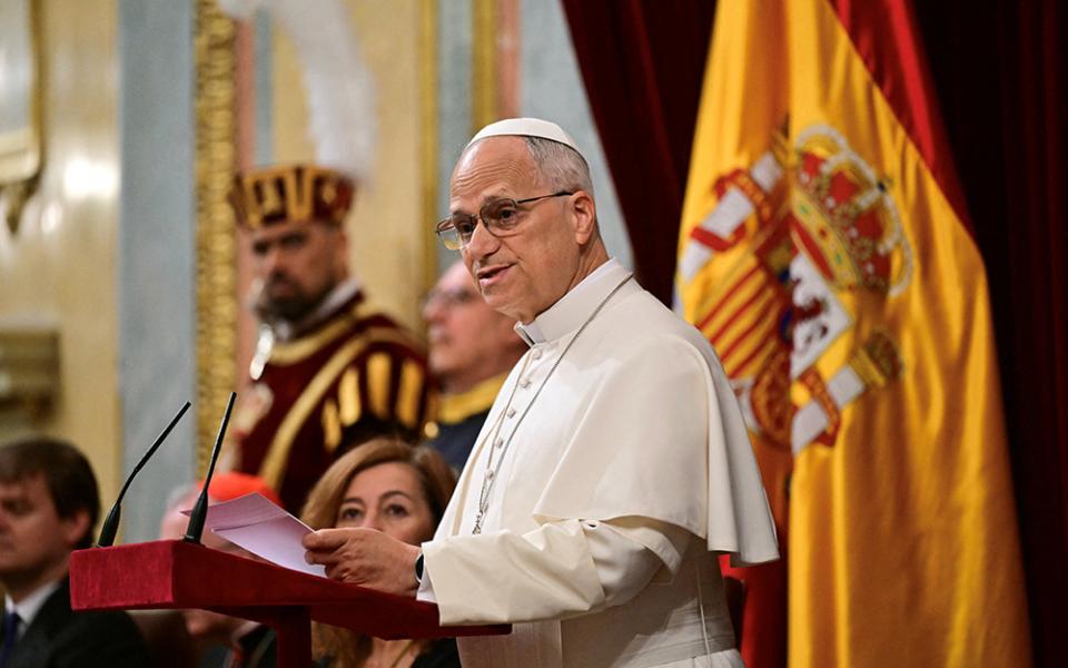 Pope Leo XIV delivers a speech during a joint session of the Spanish Parliament at the Congress of Deputies in Madrid, June 8, 2026, during his June 6-12 apostolic journey to Spain. (OSV News/Stefano Rellandinii, pool via Reuters)