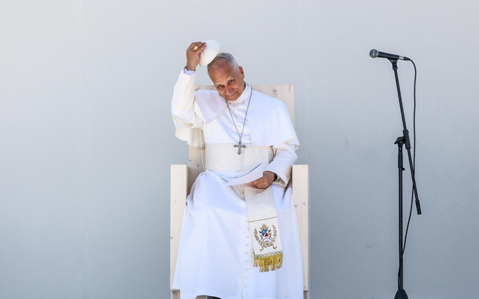 Pope Leo XIV puts on his zuchetto at the Plaza del Cristo de La Laguna, Tenerife, Canary Islands, Spain, June 12, 2026. (OSV News/Reuters/Yara Nardi)