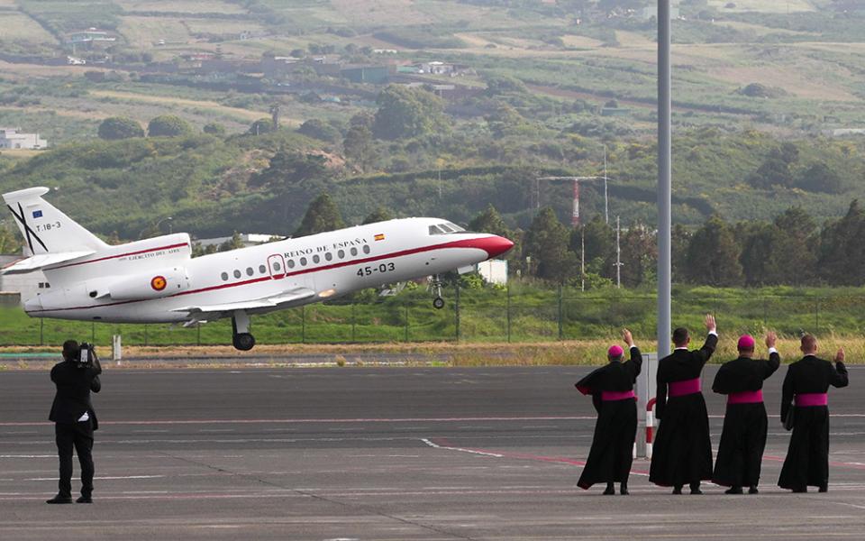The plane provided by King Felipe VI of Spain departs Tenerife Norte-Los Rodeos Airport June 12, 2026, carrying Pope Leo XIV to Rome at the conclusion of his apostolic journey in Spain. (CNS/Lola Gomez)