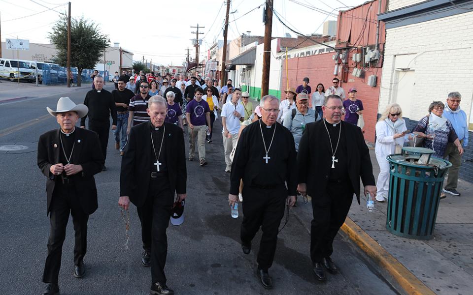 Bishop Mark J. Seitz of El Paso, Texas, Archbishop John C. Wester of Santa Fe, New Mexico, Phoenix Bishop John P. Dolan, and Bishop James A. Misko of Tucson, Arizona, lead a procession following Border Mass 250, at Sacred Heart Church in Nogales, Arizona, June 26, 2026. (OSV News/Bob Roller)