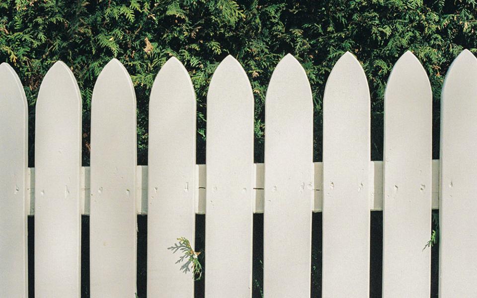 A whitewashed wooden fence in front of evergreen trees (Unsplash/Lawrence Krowdeed)
